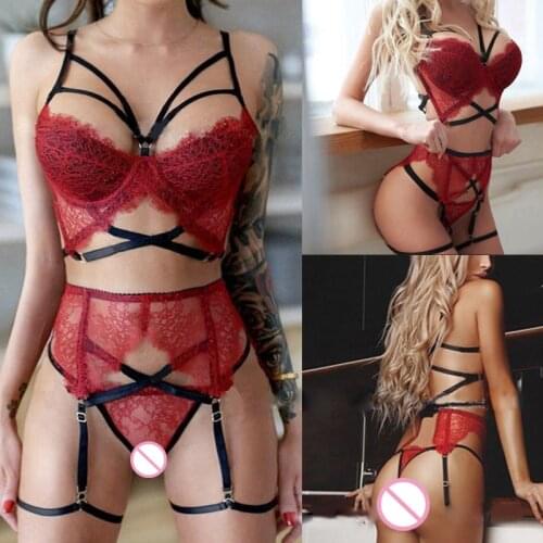 Sexy Women Bondage Lingerie Set Plus Size Lingere Exotic Sexy Nightwear Lace Black Red Lolita Lingerie Bikini Bra Panties Set
