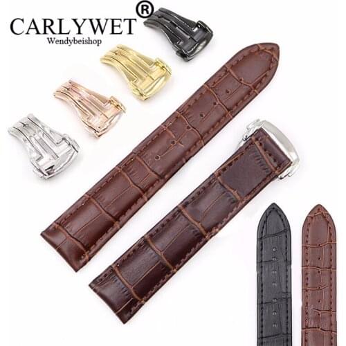CARLYWET 18 20 22mm Real Leather Black Brown Crocodile Grain Vintage Deployment Wrist Watch Band Strap For seamaster