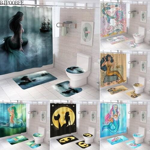 Sexy Mermaid Print Shower Curtain Set Bath Mats Rugs Cartoons Bathroom Curtains Non-slip Carpet Toilet Lid Cover Washroom Decor