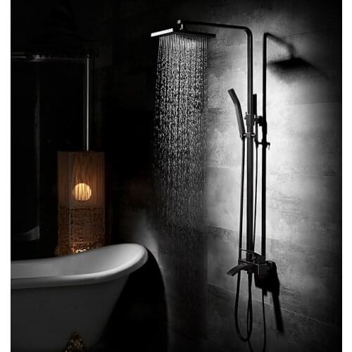 Vidric Shower Faucets Brass Black Bathtub Faucet Square Tube Single Handle Top Rain Shower With Slide Bar Wall Water Mixer Ta