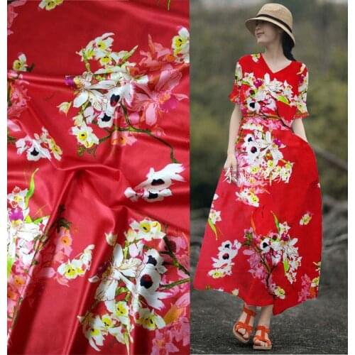 Silk Telas new fashion Wide 19mm 97% natanu Silk satin fabric Dress Cloth smooth elastic cloth Red flowers fabrics special tissu
