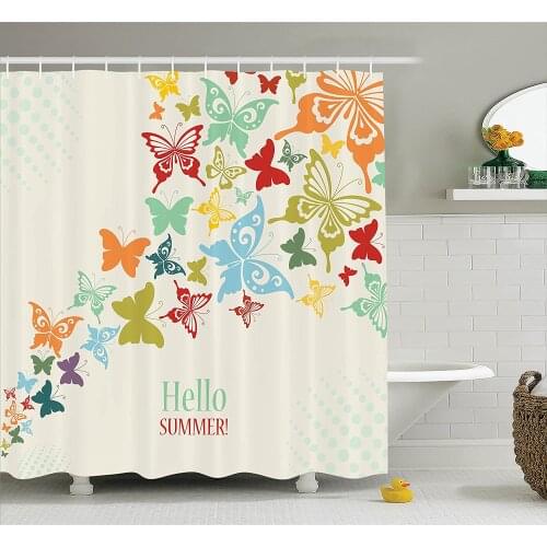 Butterflies Decoration Shower Curtain Vintage with Butterflies and Dots Hello Summer Greeting Text Wall Decoration Curtains