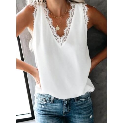 Y2K Women Summer Top Shirt 2021 New Sleeveless V-Neck Lace Patchwork Solid Vest Tank Casual Loose T Shirts Tops Camiseta