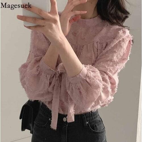 Autumn Long Sleeve Womens Blouse Chic Tassel Stitching Elegant Loose Shirts Stand Collar Lace-up Tie Vintage Shirt Tops 16436