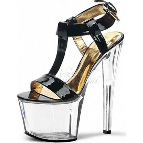 New 17cm High Crystal Pole Dance Shoes Buckle Strap Golden 7 Inch Women Platform Sandals Stripper Heels Glitter Nightclub Models