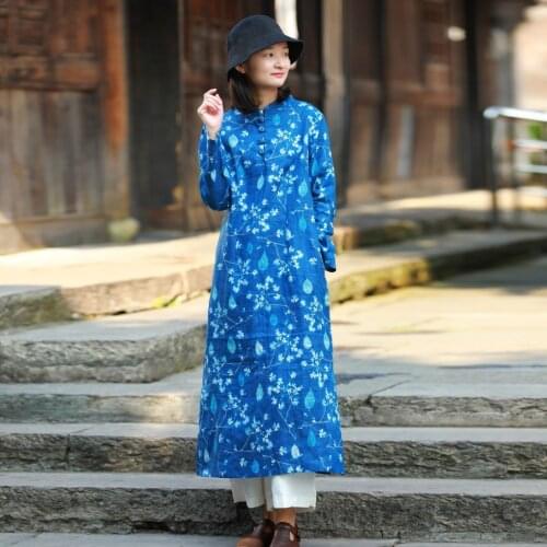 Women Ramie Printed Loose Dresses Ladies Stand Collar Qipao Dress Female Print Casual Dress 2019 Autumn Spring