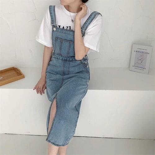 Summer Korean Fashion Denim Sundress Preppy Sweet Cute Midi Jeans Dress Women Suspenders Dresses Female Overalls Robe Femme