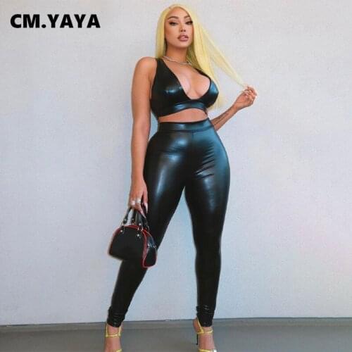 CM.YAYA 2021 Spring Summer Faux Leather PU Women Sets Bra Crop Top and Pants Suits Tracksuits Two-piece Sets Outfits Sports Suit