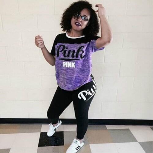 2020 Autumn Sporting Women Set Pink Letter Print T-shirt Skinny Pencil Pants Suit Two Piece Set Elegant Tracksuit Sweatsuit