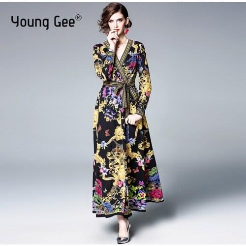 Young Gee Fashion Spring Women Vintage Maxi Dress Sexy V-neck Puff Long Sleeve Floral-Print Big Flare Chic Dresses robe femme