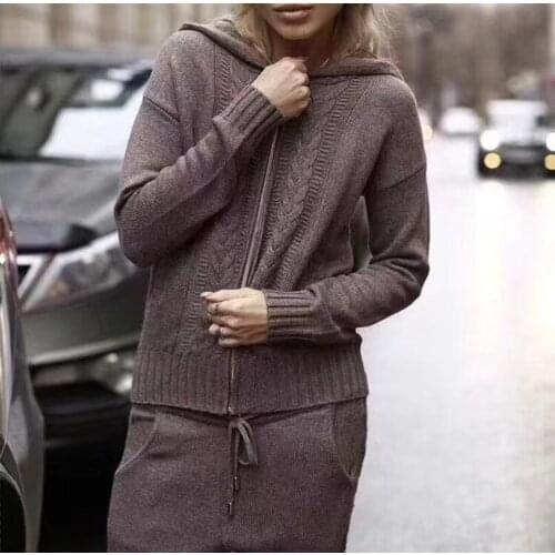 2020 Drawstring Wool Bamboo Fiber Full Knitted Casual Set Women New Cashmere Hooded Knit Sweater And Pants Two-piece