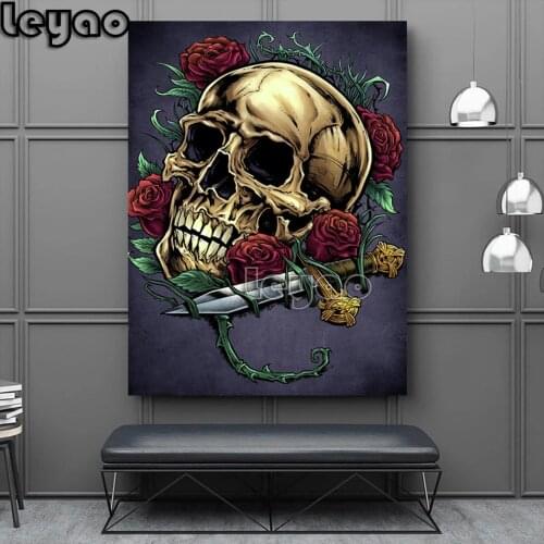 5D Diamond Painting Full Drill Square Skull, Roses,And Dagger Cross Stitch Diamond Art Bead Embroidery Kits Wall Decor Handwork