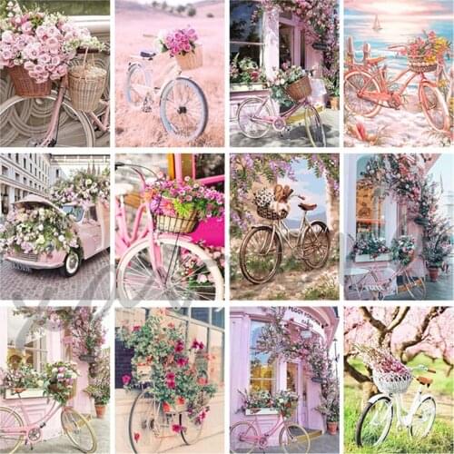 Xaviera 5D DIY Pink Flower Diamond Painting Rose Bicycle Street Landscape Full Square Round Drill Embroidery Cross Stitch Kits
