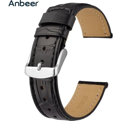 Anbeer Leather Watch Strap 18mm 20mm 22mm Alligator Grain Watchband Bracelet Black