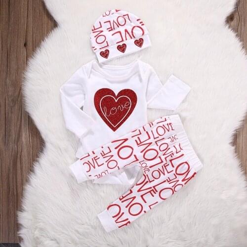 Newborn Baby Bebe Infant Girl Clothes Long Sleeve Red Heart White Bodysuit Love Pants Hat 3PCS Baby Girls Clothing Sets