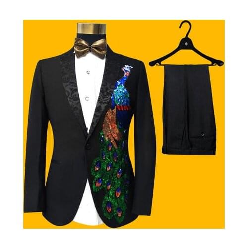 Free ship 100%real mens bling black peacock sequined embroidery event/stage performance tuxedo jacket with pants