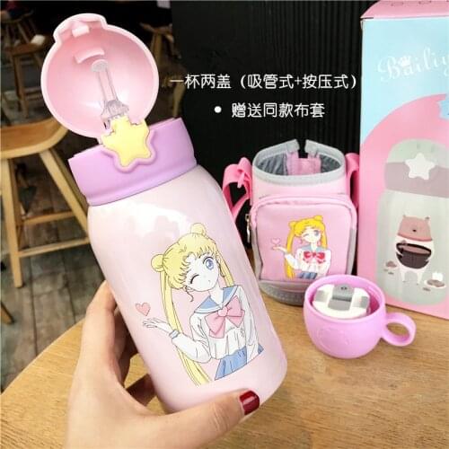 500ml Kids Stainless Steel Straw Thermos Mug With Case Cartoon Leak-Proof Vacuum Flask Children Thermal Water Bottle Thermocup