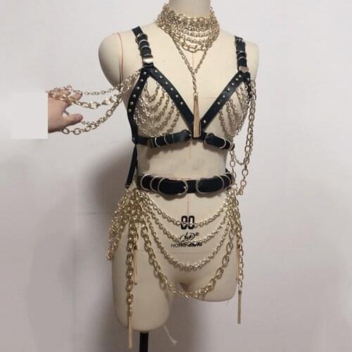 GoGo Dancer Costume Punk Style Chain Leather Rivet Chain Tassel Pendant Body Chain To Customize Special Stage Costume VDB1071