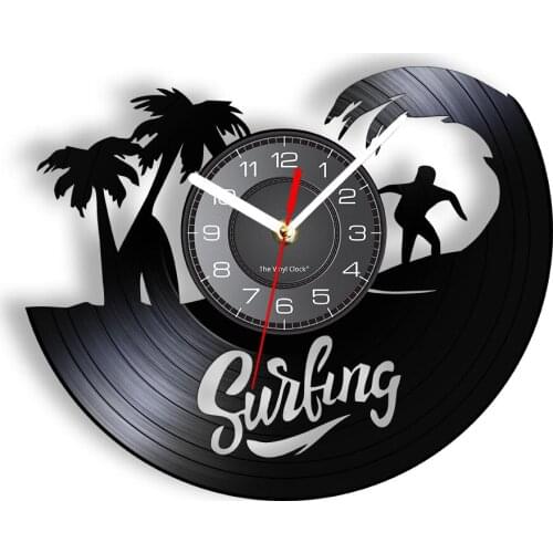 Surfing Vinyl LP Record Wall Clock For Living Room Water Sport Summer Beach Home Decor Retro Wall Watch Timepieces For Surfers