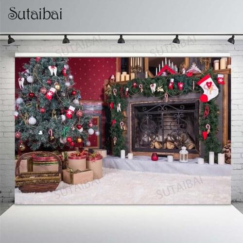 Christmas Party Backdrop Photography Fireplace Christmas Tree Decoration Background Xmas Event Family Photo Booth Shoot Studio