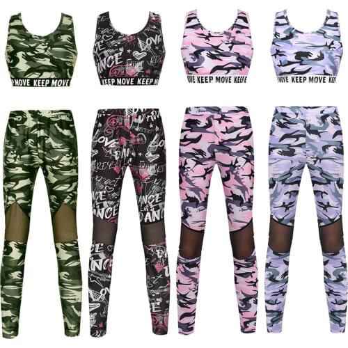 Kid Girls Gymnastics Workout Outfit Digital Print Sleeveless Crop Top with Mesh Pants Set for Sports Dancewear Fitness Tracksuit