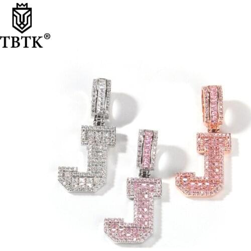 TBTK A-Z Baguette Letters Pendant Iced Out Pink Cubic Zirconia Initial Letter Necklace Mens Women Hiphop Jewelry