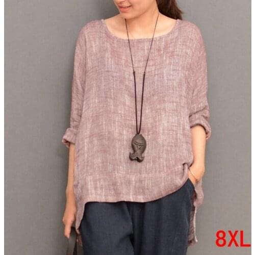 Large size womens T-shirt cotton and linen plus size 5XL 6XL 7XL 8XL summer round neck long-sleeved loose pink T-shirt top