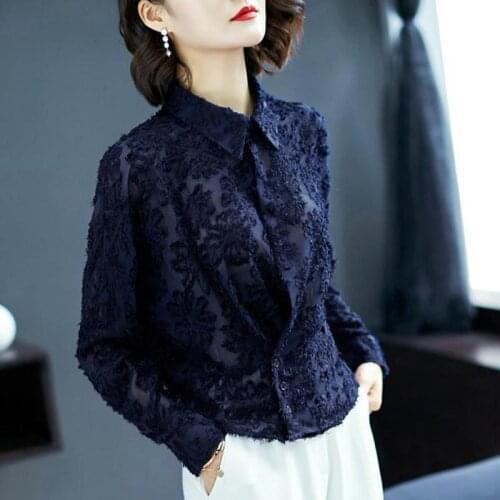 Fashion Fall Spring Elegant Women Office Lady Black Navy Full Sleeve Loose Embroidery Blouse , Female Woman Designer Blouses