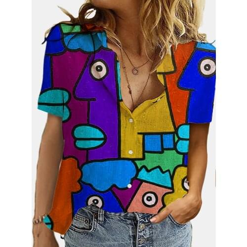 Abstract Painting Human Face Women Shirt Blouses Summer Short Sleeve Turn Down Collar Casual Office Lady Tops Blusas Femininas
