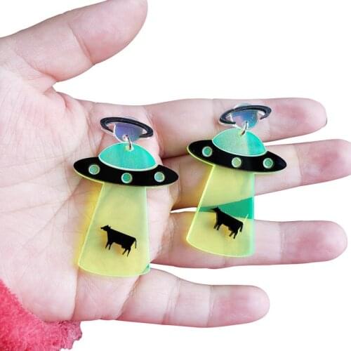 1Pair Personality UFO Spaceship Flying Saucer Alien Women Dangle Drop Earrings Cartoon Graceful Geometric Acrylic Cute