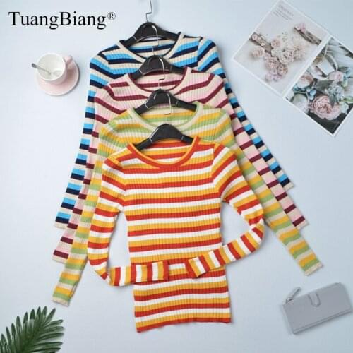 Ladies Knitted High elasticity Striped Sweaters Basic Women Full Sleeve Pullovers O-Neck Cotton Autumn Tops Winter jumpers 2019