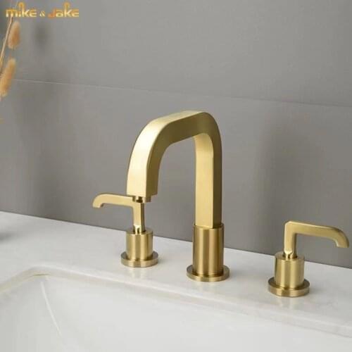 Gold brush widespeead bathroom brass tap 3 holes bathroom mixer Frosted gold widespread 3hole Bathroom Sink Faucet