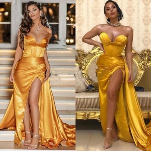 Spaghetti Straps Gold Prom Dress Mermaid High Split Long Evening Gowns Dubai Formal Party Gowns
