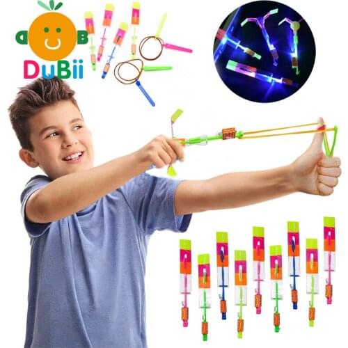 10PCS Outdoor Shining Rocket Flash LED Light Night Kids Luminous Slingshot Toys Shine Slingshot Elastic Helicopter Rotating Toy
