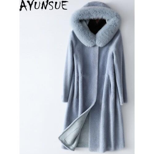 AYUNSUE Real Fur Coat Female Winter Clothes Women Fox Fur Collar Hooded 100% Wool Fur Jackets Long Coats 2020 HQ20-ZZH2017C KJ