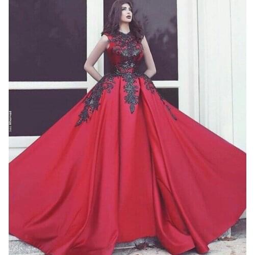 Ball Gown Satin Appliques Beaded Muslim Prom Dress O Neck Saudi Arabic Evening Formal Party Gowns Robe Soiree