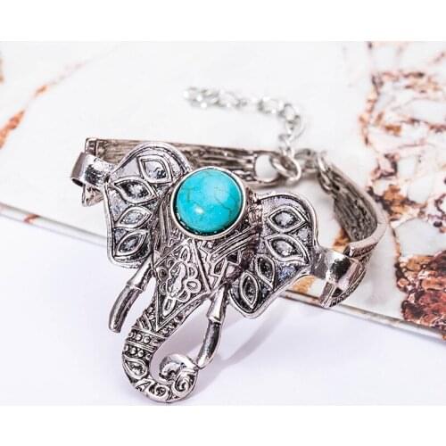 Antique Silver Color Bracelets Elephant Charm Link Chain Blue Beads Cuff Bangles Women Men Jewelry Wristband Adjustable