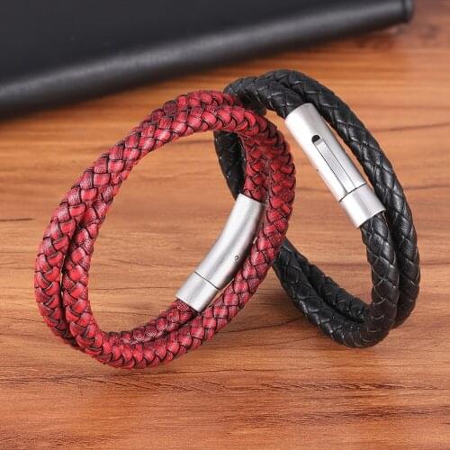 Hot Sale Double Layer Vintage Steel Buckle Leather Bracelet Braided Rock Punk Men Women 19/21/23 CM Choose Fashion Birthday Gift