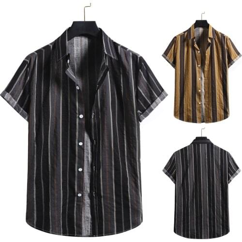 Men Cotton Linen Stripe Shirts Print Short Sleeve Button Shirt Blouse Top Slim Fit Dress Shirt Handsome Casual Clothes 2021