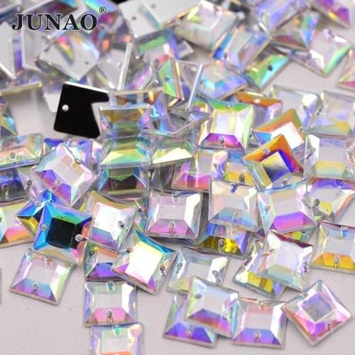 JUNAO 1000pcs 10mm Sew On Square Crystal AB Rhinestones Flatback Acrylic Gems Sewing Crystal Stones Appliques For Clothes Crafts