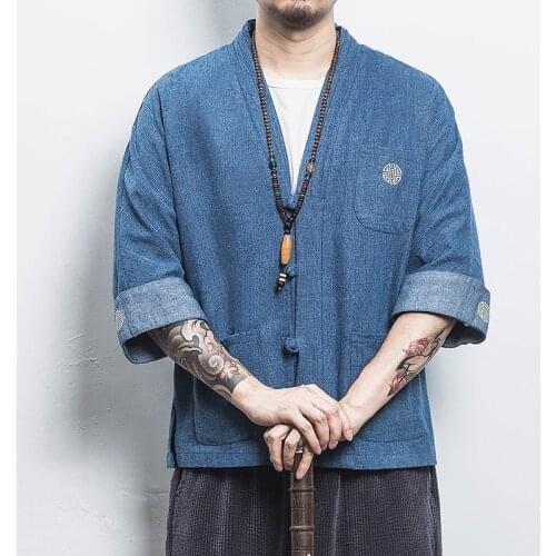 Chinese Stylel 100% Cotton Kimono Cardigan Men Vintage Denim Jacket Casual Coat Male Streetwe Plus Size