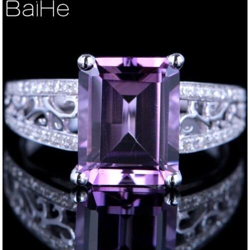 BAIHE Sterling Silver 925 3.24CT Certified Emerald cut Flawless Genuine Amethyst Wedding Gift Women Office/career Amethyst Ring