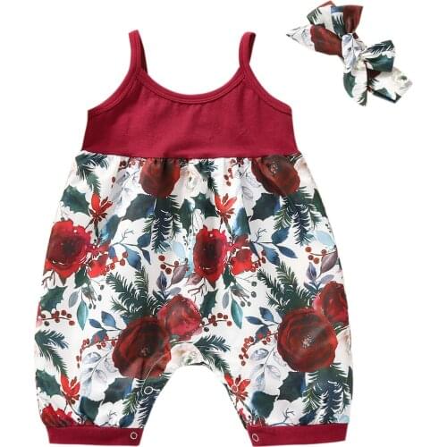 Breathable Baby Girls Outfit, Infant Summer Creative Floral Printing Splicing Sleeveless Suspender Jumpsuit + Bow Headwear Set