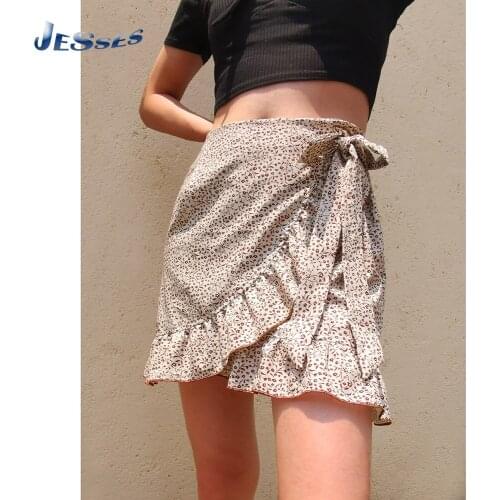 Cute Bow-knot Design Skirt Ladies Lace Floral Print Skirts Irregular Zipper Short Dress High Waist Ruffle Female Skirt XL Mujer