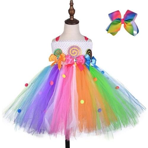 Sweet Rainbow Candy Girls Tutu Dress Cute Bow Christmas Party Princess Dress Kid Easter Carnival Halloween Costume Birthday Gift