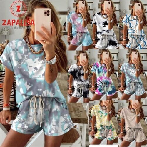 Fashion Women Summer Casual 2 Piece Set Drawstring Design Pockets Decor Mid Waist Shorts+O-Neck Short Sleeve Print Pullovers Top