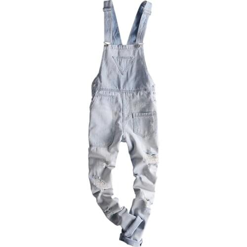 New light blue ripped jumpsuit mens ripped denim cotton skinny jeans hip-hop big pocket overalls