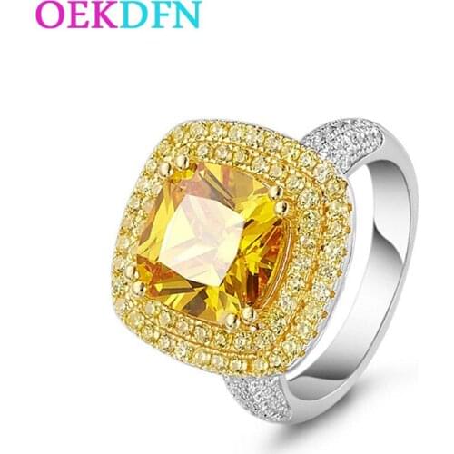 OEKDFN Luxury 100% 925 Sterling Silver Rings Citrine Diamonds Wedding Engagement Cocktail Party Women Ring Bands Jewelry