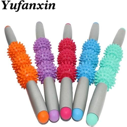 Yoga Stick Body Massage Relax Tool Muscle Roller Sticks with 3 Point Spiky Ball Gym Muscle Massage Trigger Point Roller