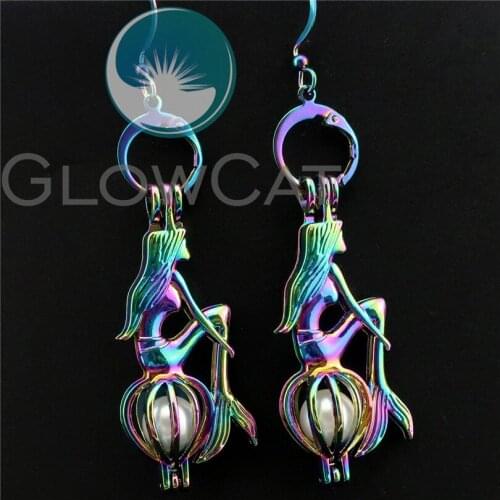 R-CE242 Rainbow Mermaid Earrings Beads Pearl Cage Locket Perfume Aromatherapy Statement Drop Dangle Earring for Women